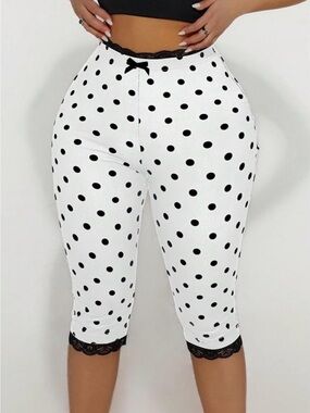 🆕 Polka Dot Lace-Trim Crop Pants - White with Black Dots